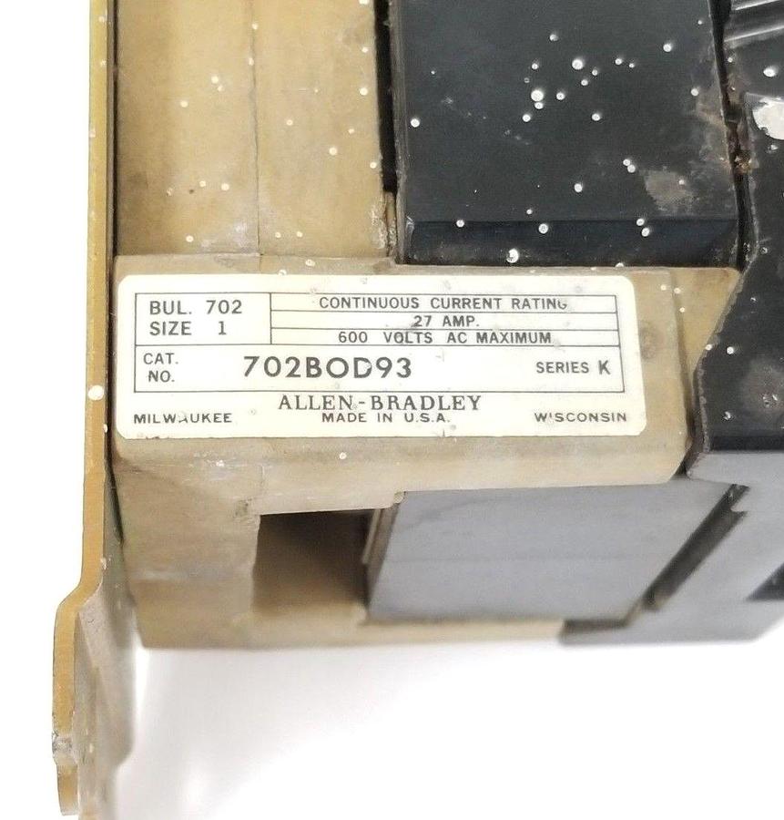 Used ALLEN BRADLEY 702-BOD93 SIZE 1 CONTACTOR SER. K W/ 71A86 COIL 110-120V 50-60CY