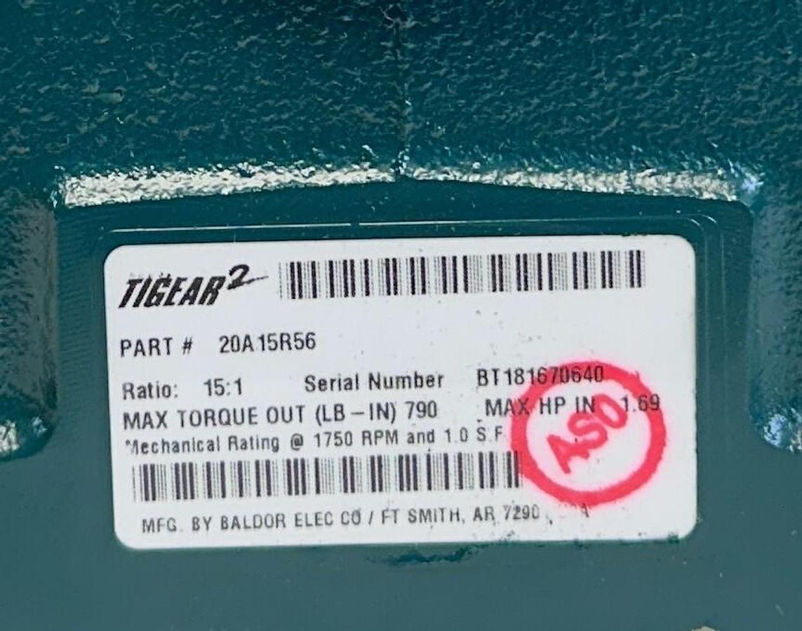 Used DODGE 20A15R56 TIGEAR-2 REDUCER 15:1 GEAR RATIO 1.69HP MAX RIGHT HAND NSMP