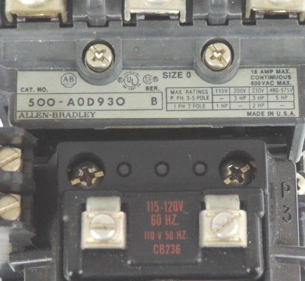 Used ALLEN BRADLEY 500-AOD-930 AC MOTOR CONTACTOR SER B W/ 595-A AUX CONTACT SER B