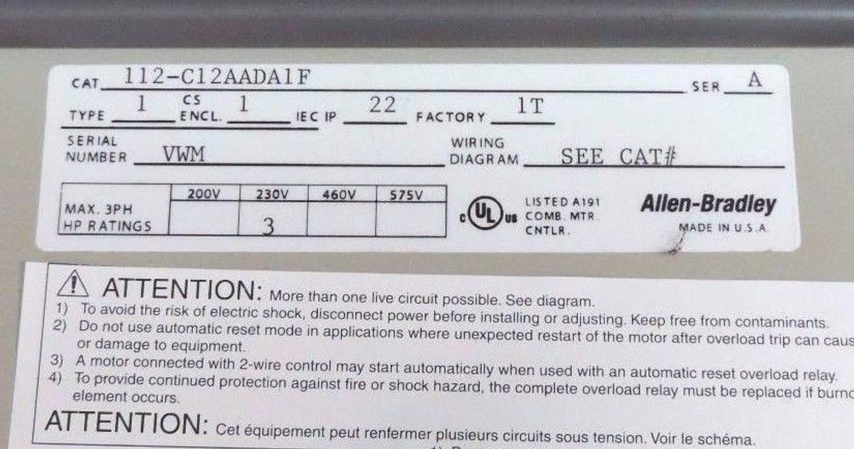 Used ALLEN BRADLEY 112-C12AADA1F COMBINATION STARTER 100-C12*10 CONTACTOR, 193-EA1FB