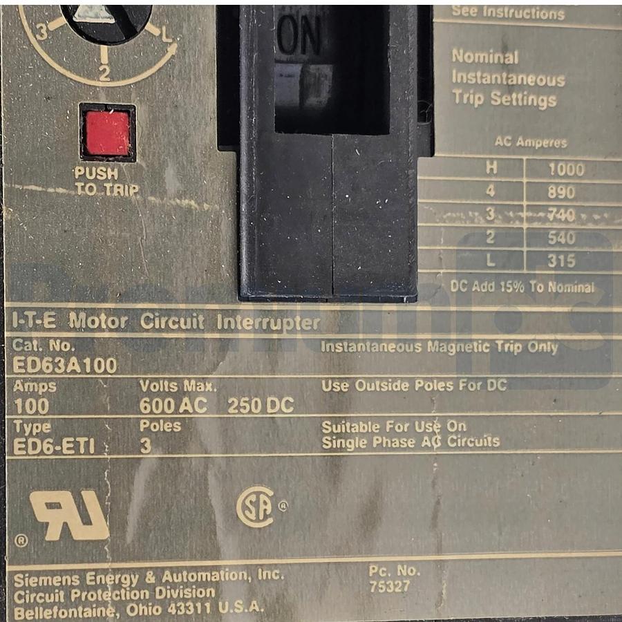Used Siemens I-T-E ED63A100 Sentron Circuit Breaker | 100A 600V 3P | ED6-ETI w/Trip