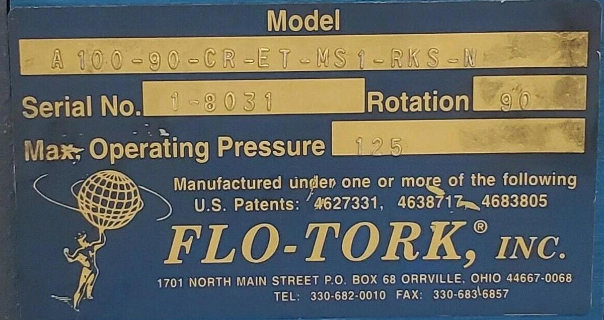Used FLO-TORK A100-90-CR-ET-MS1-RKS-N ROTARY ACTUATOR 90DEG 125PSI A10090CRETMS1RKSN