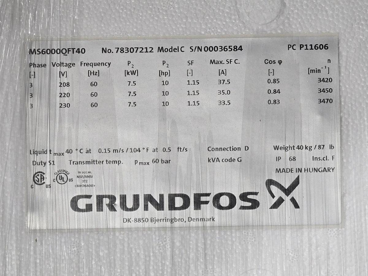 GRUNDFOS MS6000QFT40 - 96166182 MS6000 SUBMERSIBLE PUMP MOTOR 10HP 6" 230V NSMP