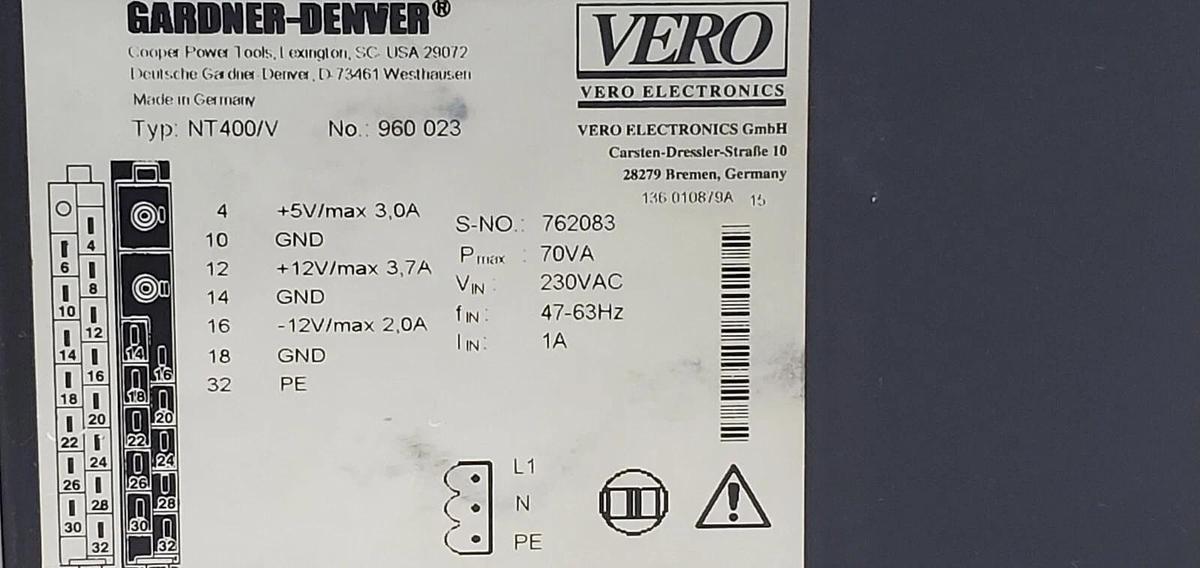 Used GARDNER-DENVER NT400/V POWER SUPPLY NT400V NO. 960023
