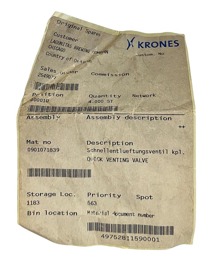 Used KRONES 0901071839 OEM QUICK VENTING VALVE STAINLESS NSNP
