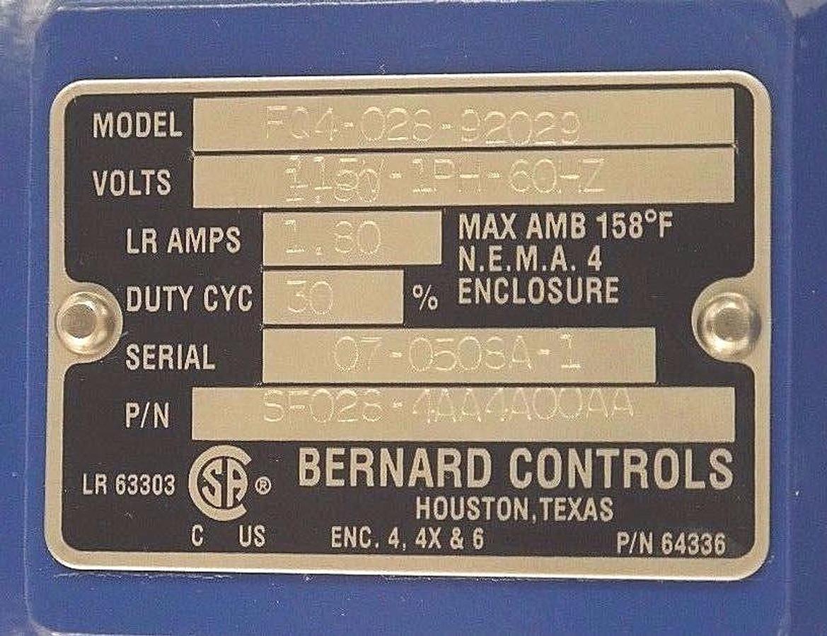 Used NIB BERNARD CONTROLS F04-028-92029 ACTUATOR FQ-SERIES SF028-4AA4A00AA