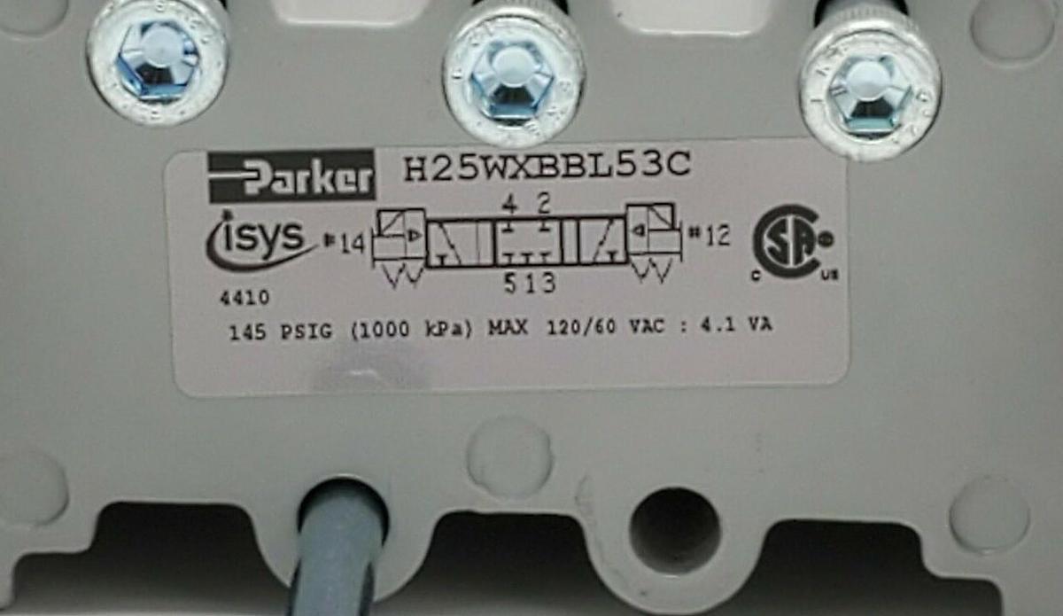 Used NIB PARKER H25WXBBL53C DOUBLE SOLENOID VALVE 3-POS. APB 145PSIG 120VAC