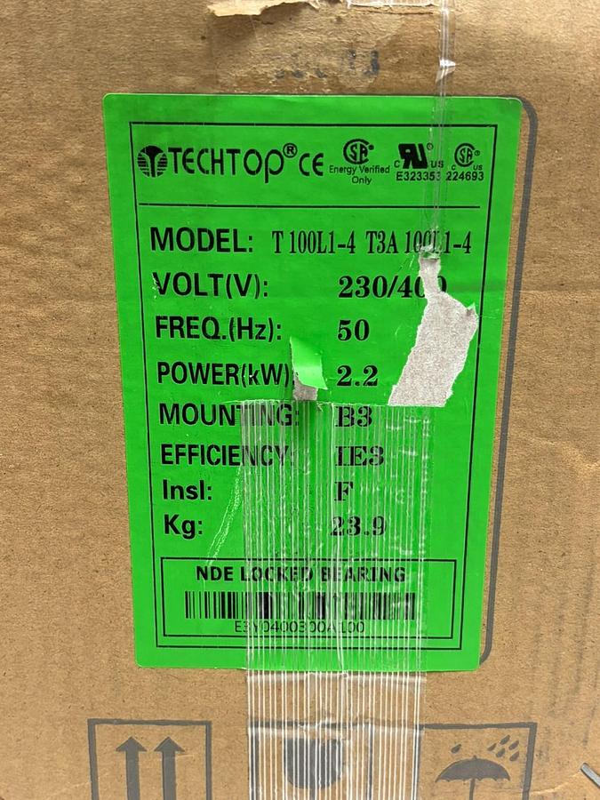 Used Techtop T100L1-4 3-Phase Electric Motor 2.2kW 3HP IE3 B3 Foot Mount New Surplus