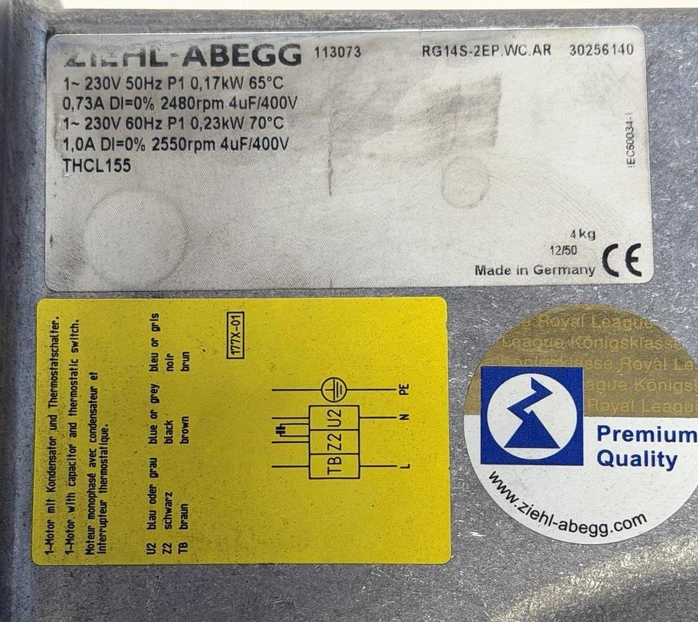 Used ZIEHL-ABEGG RG14S-2EP.WC.AR CENTRIFUGAL BLOWER FAN 230V 50/60HZ 0.17/0.23KW