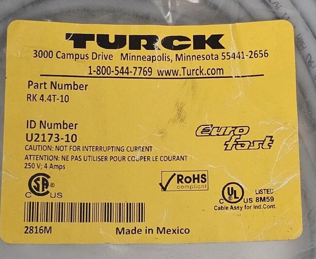 NEW TURCK RK 4.4T-10 CORDSET SINGLE ENDED ID NUMBER: U2173-10