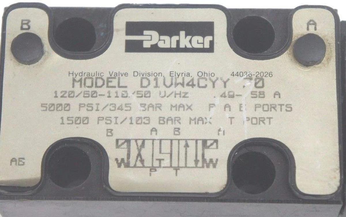 Used PARKER D1VW4CYY-70 SOLENOID VALVE 110-120V, 50/60HZ, 49-58A, 5000PSI MAX