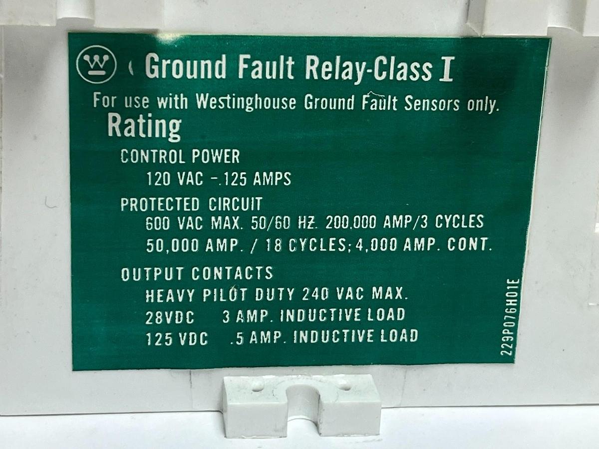 Used Westinghouse 1293C47G02 Ground Fault Relay 120VAC Professionally Repaired