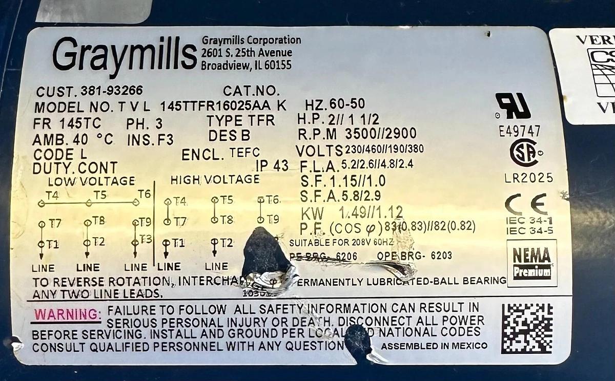 For Parts/NEW GRAYMILLS TNW48H-F2 / TNW48HF2 COOLANT PUMP 145TTFR16025AA 50/60Hz