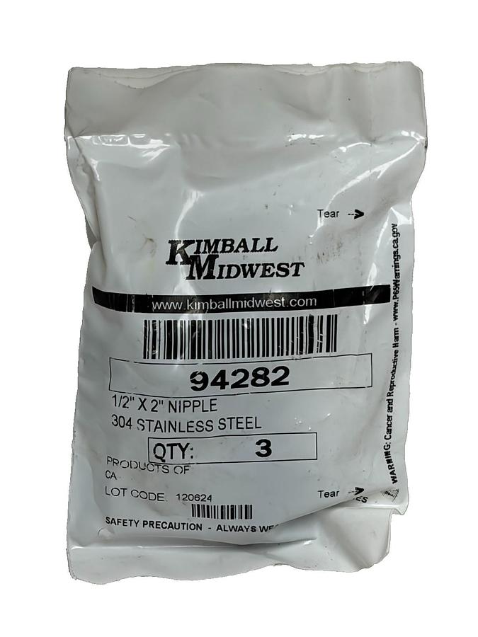 Used Kimball Midwest 94282 1/2" x 2" 304 Stainless Steel Pipe Nipple Lot of 3