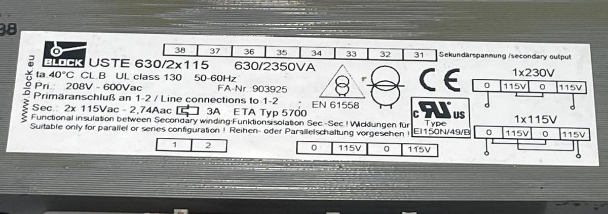 Used BLOCK USTE 630/2X115 630 VA Control‐/Isolating Transformer 2X115 V Output NSMP