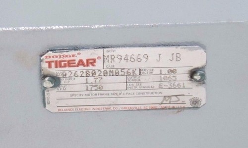 Used DODGE TIGEAR MR94669 J JB GEAR SPEED REDUCER 262B020M056K 1.77HP 1750RPM