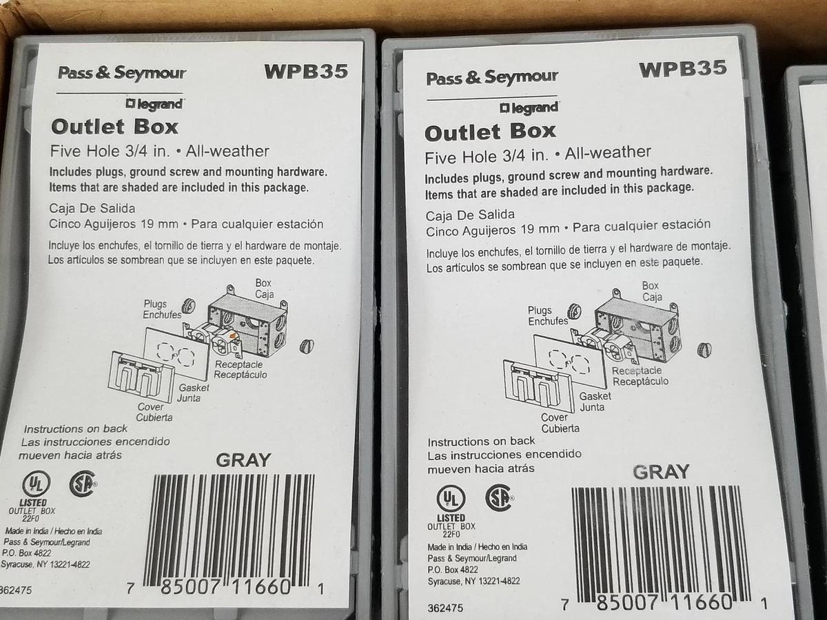 Used BOX OF 12 NEW PASS & SEYMOUR WPB35 ALL-WEATHER OUTLET BOXES, FIVE-HOLE, 3/4"