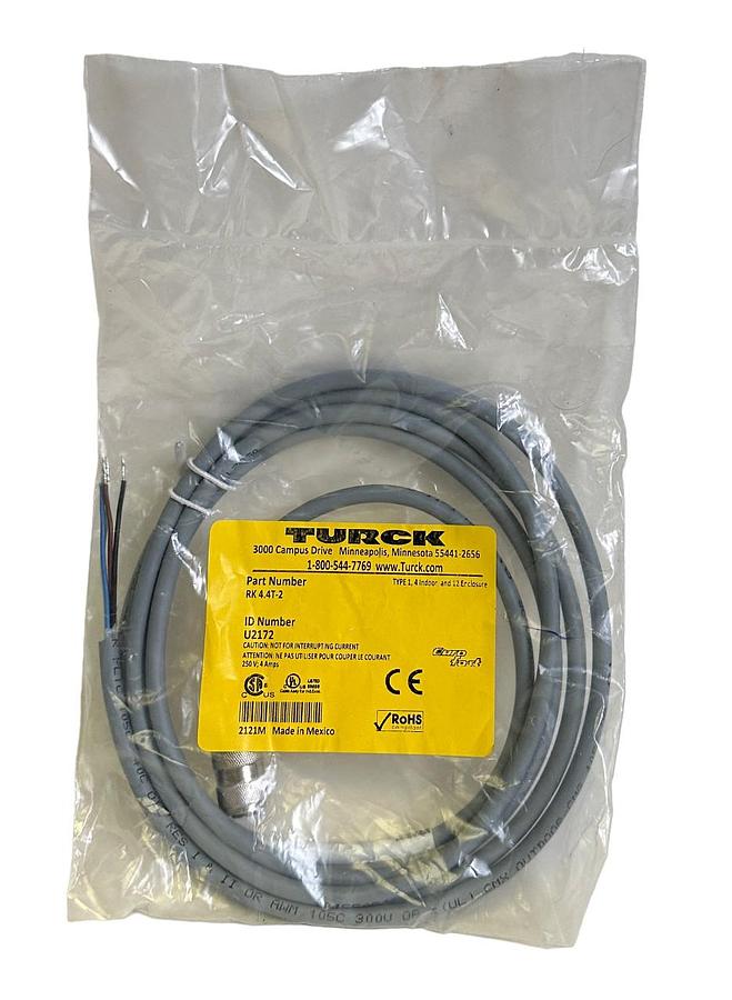 Used NEW TURCK RK 4.4T-2 / RK44T2 M12 EURO 2M CORDSET SINGLE-ENDED U2172
