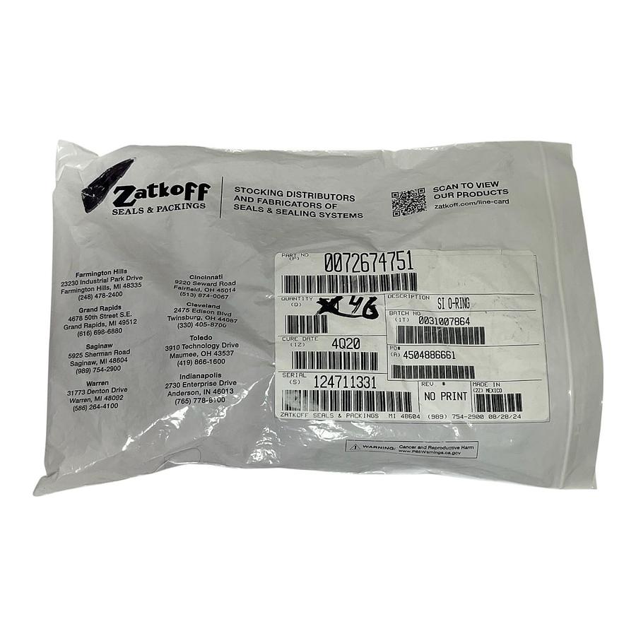 Zatkoff 0072674751 Silicone O-Rings Lot of 46 High Temp Red New Factory Sealed