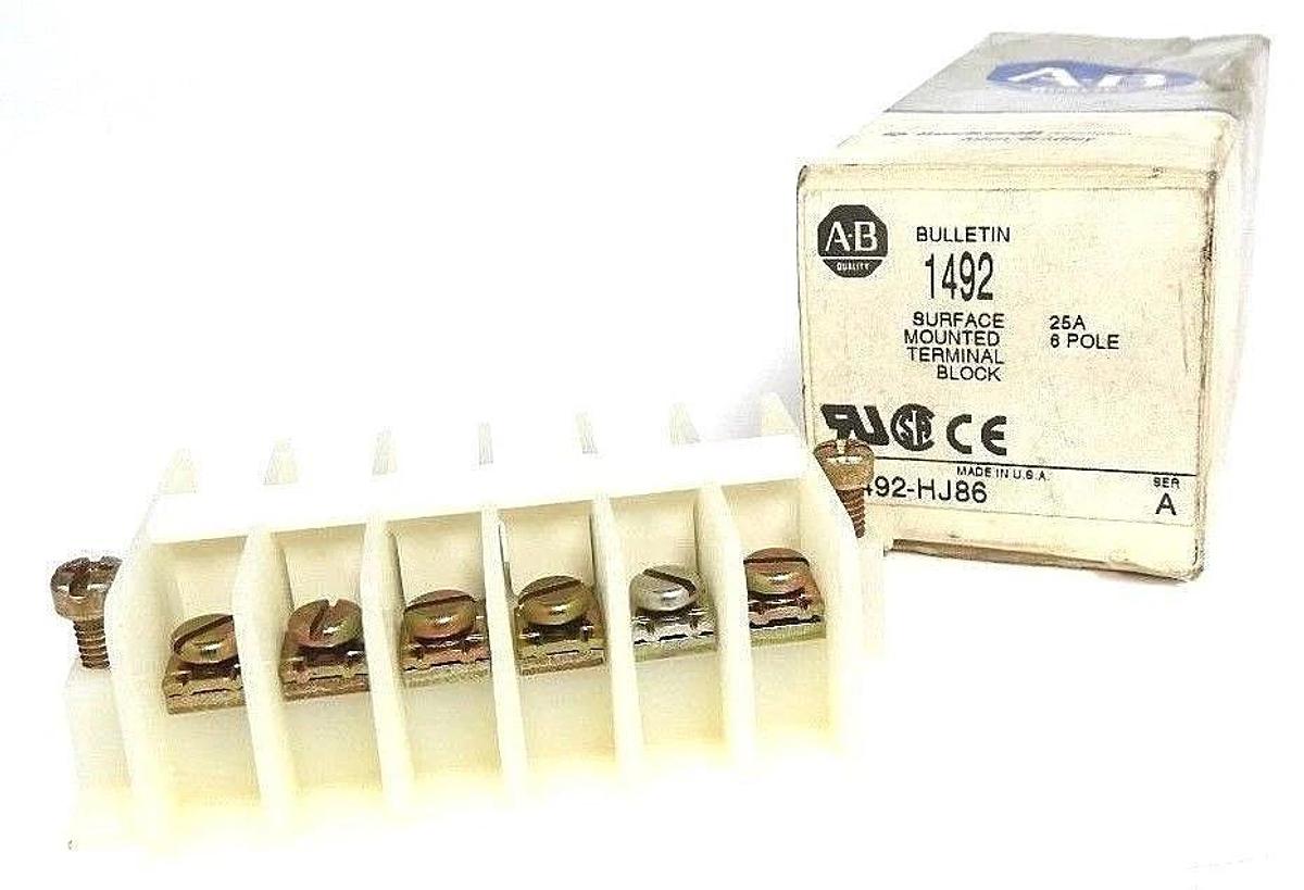 Used NIB ALLEN BRADLEY 1492-HJ86 SURFACE MOUNTED TERMINAL BLOCK SER. A, 25A, 6 POLE