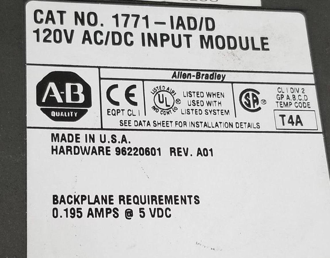 Used ALLEN BRADLEY 1771-IAD/D INPUT MODULE 120V AC/DC REV. A01 96220601 W/ 1771-WH