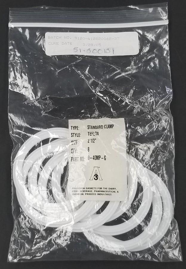 Used LOT OF 8 NEW PURESERVE SYSTEMS A3 0-40MP-G TEFLON GASKETS 040MPG, 2-1/2''
