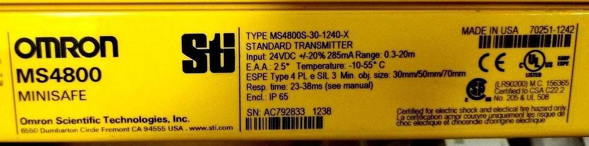 OMRON STI MS4800S-30-1240-30X-30R MS4800 LIGHT CURTAINS 70230-2508 w/CABLES NSMP