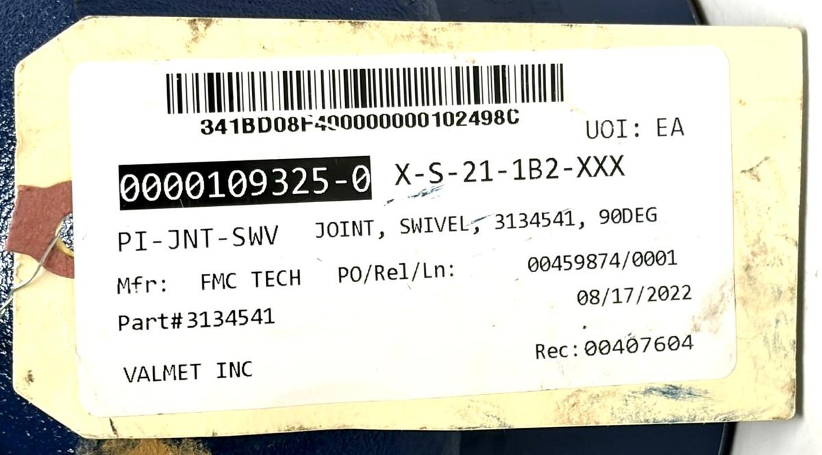 Used FMC Tech 3134541 90 Degree Industrial Swivel Joint Blue Casting New Surplus