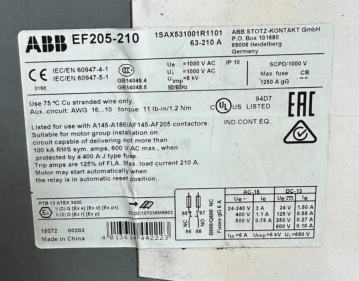 Used ABB A185-30 / A18530 CONTACTOR 275A 1000V 3-POLE W/ ABB EF205-210 OVERLOAD RELAY