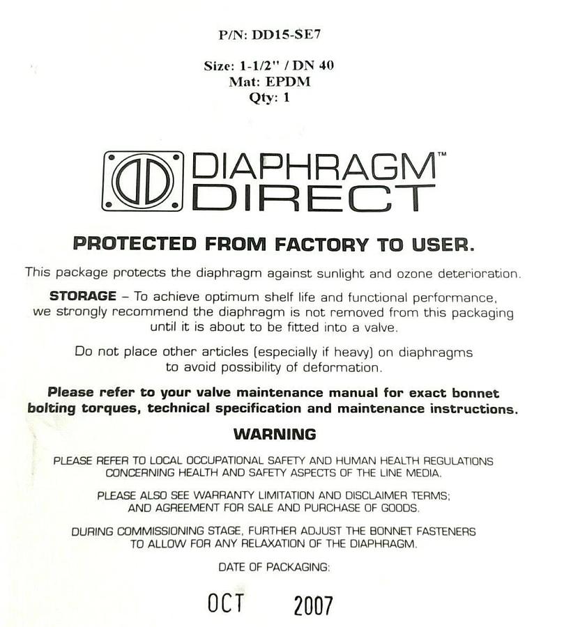 Used LOT OF 3 DIAPHRAGM DIRECT DD15-SE7 DIAPHRAGMS SIZE: 1-1/2'' / DN 40 MAT: EPDM