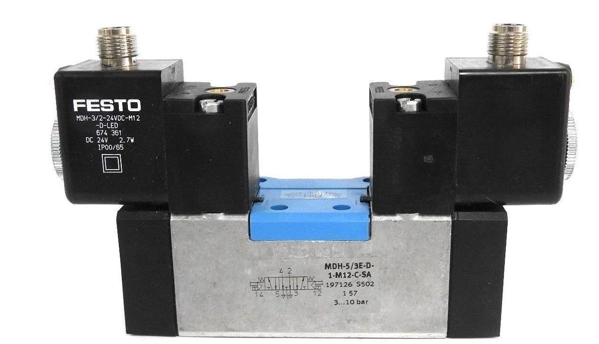 Used NIB FESTO MDH-5/3E-D-1-M12-C-SA VALVE MDH53ED1M12CSA, MDH-3/2-24VDC-M12-D-LED