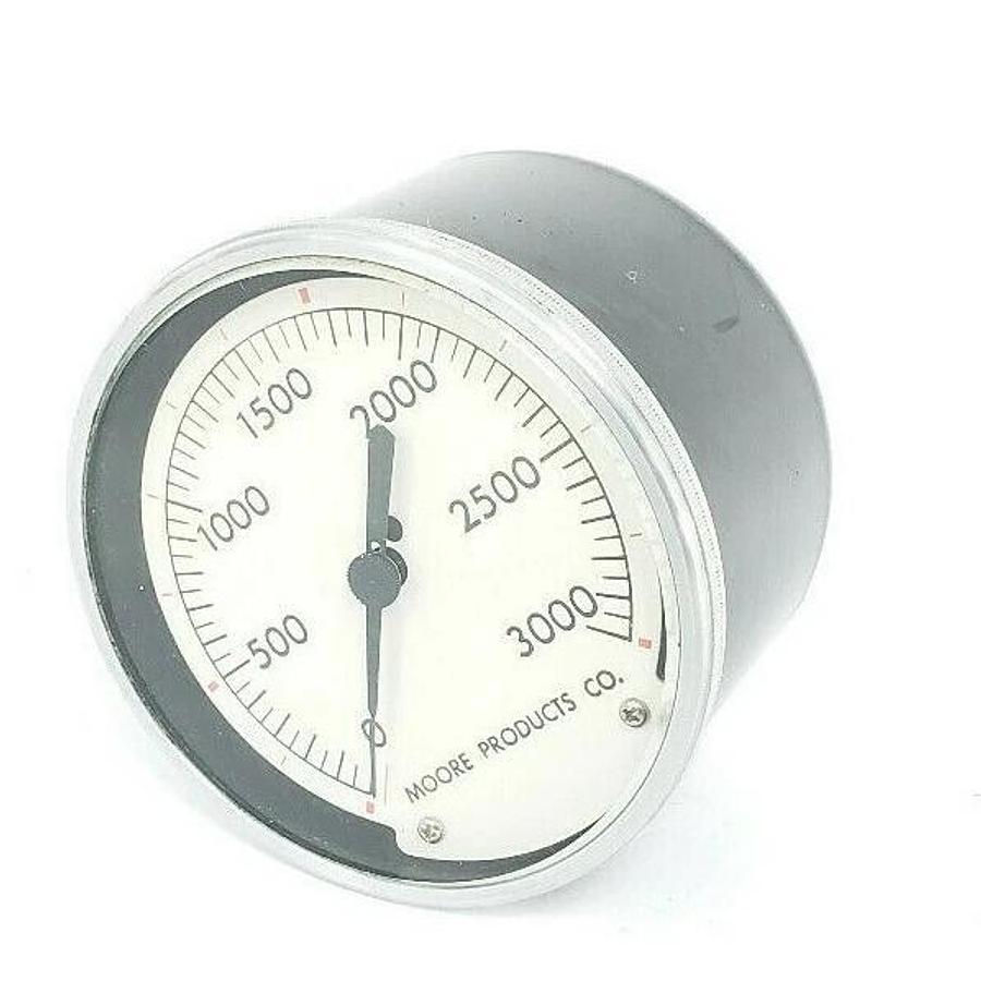 Used MOORE PRODUCTS 0-3000 PSI PRESSURE GAUGE, CALIBRATED FOR 3.00-15.00 PSI