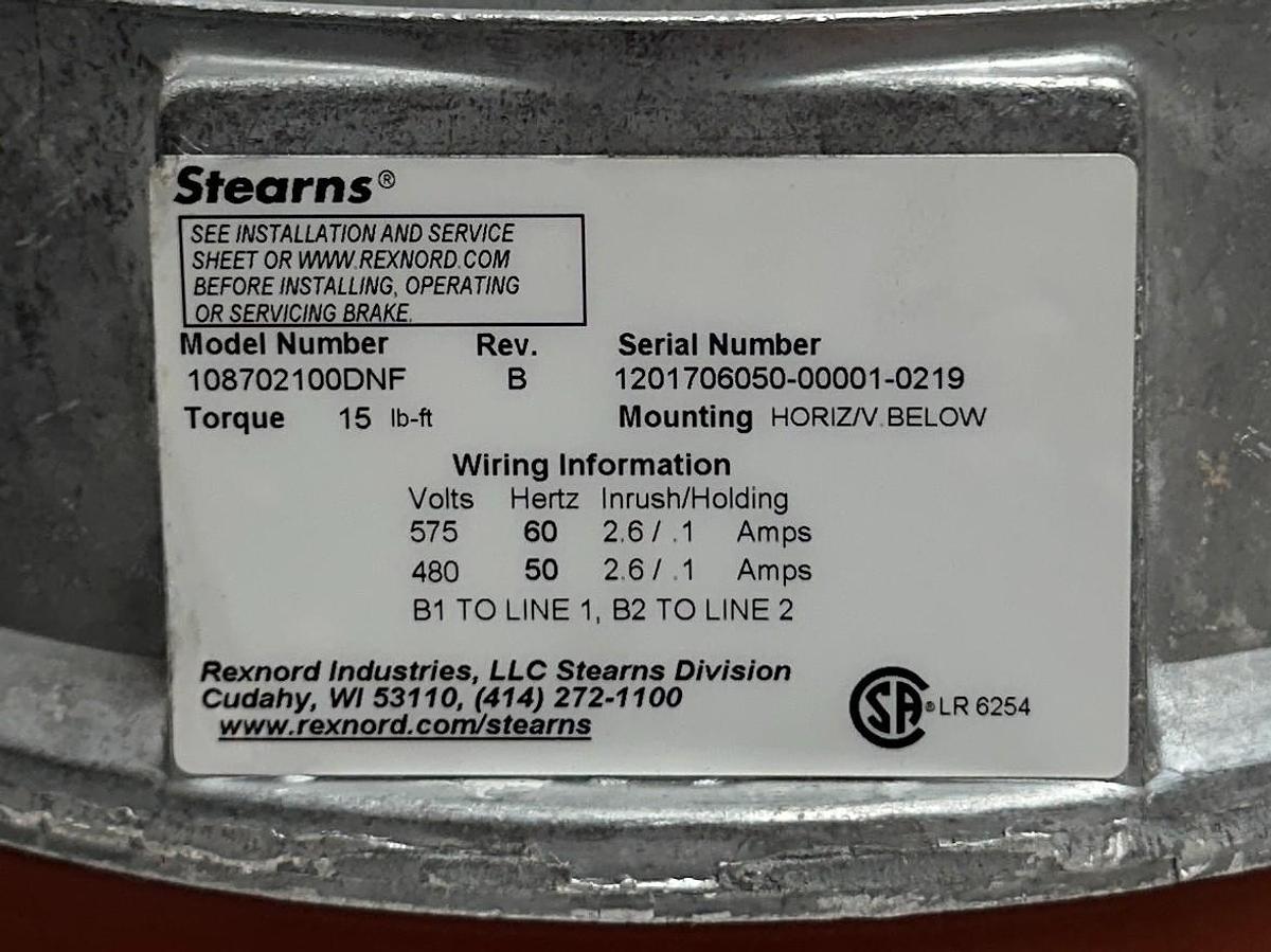 Used STEARNS 108702100DNF Rev. B 8700 SERIES NEMA2 575VAC BRAKE ASSEMBLY 15LB-FT NSNP