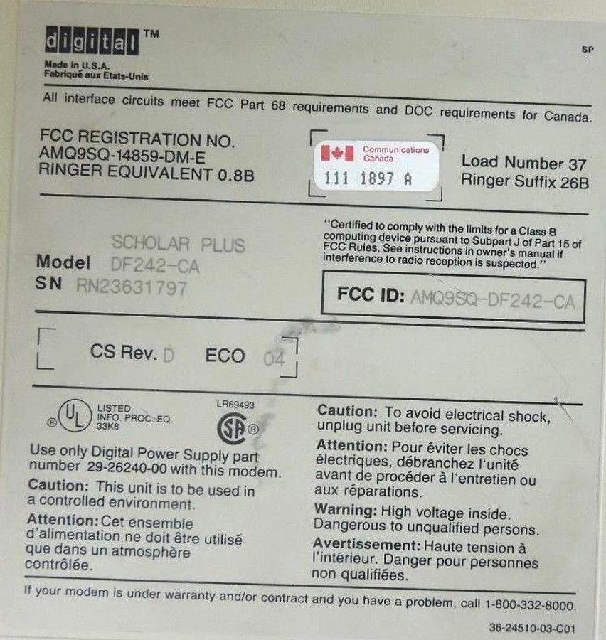 Used DEC DIGITAL EQUIPMENT CORPORATION SCHOLAR PLUS DF242-CA MODEM