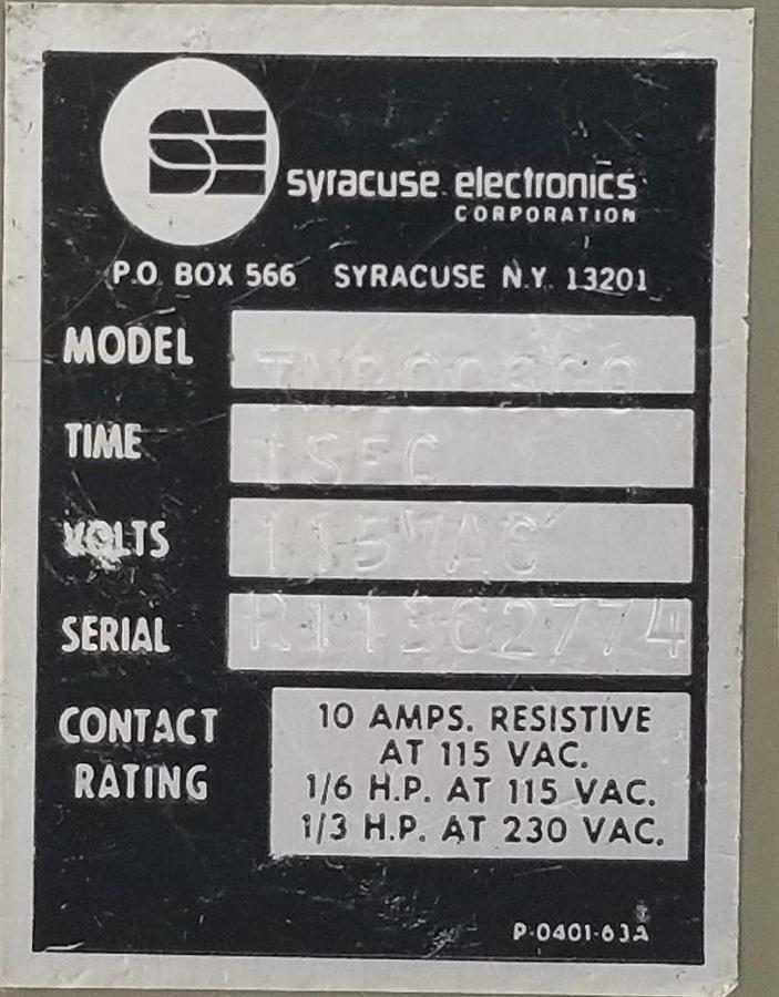 Used SYRACUSE ELECTRONICS TNR00300 TIME DELAY RELAY 1SEC, 0-10SEC, 115VAC, 10A