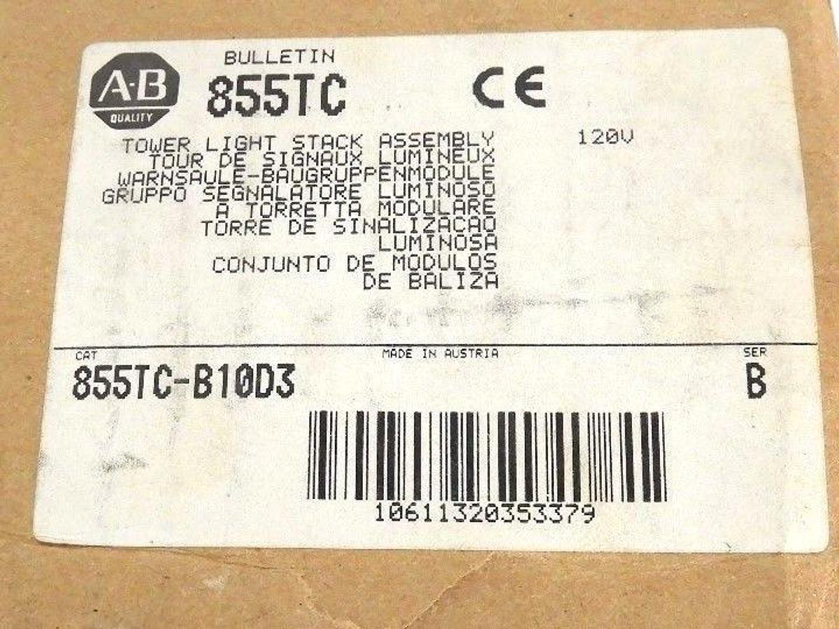 Used NIB ALLEN BRADLEY 855TC-B10D3 SER. B TOWER STACK LIGHT ASSEMBLY 855TCB10D3, 120V