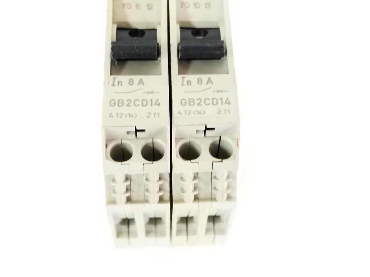 Used LOT OF 2 SCHNEIDER ELECTRIC GB2-CD14 CIRCUIT PROTECTORS 8A 48VDC 125VAC GB2CD14