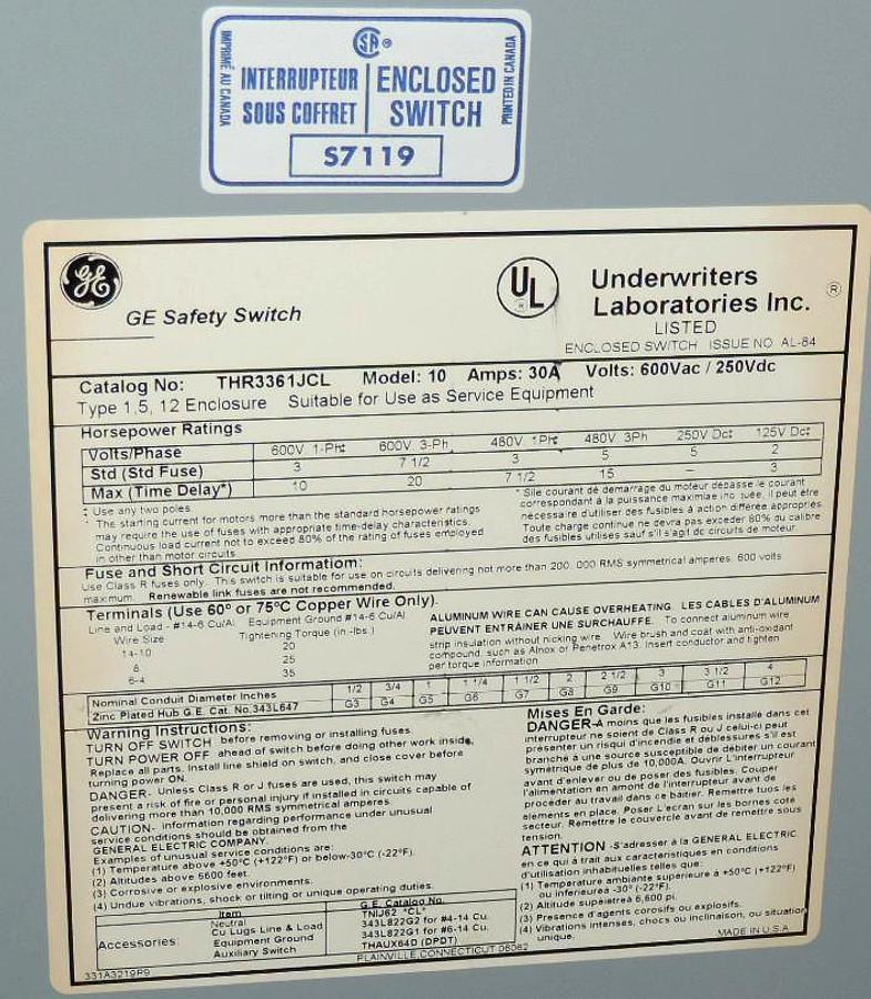 Used NEW IN BOX GENERAL ELECTRIC THR3361JCL HEAVY DUTY SAFETY SWITCH 600VAC 30A