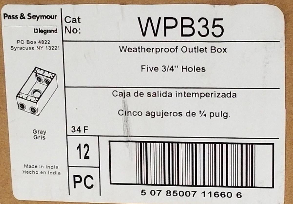 Used BOX OF 12 NEW PASS & SEYMOUR WPB35 ALL-WEATHER OUTLET BOXES, FIVE-HOLE, 3/4"