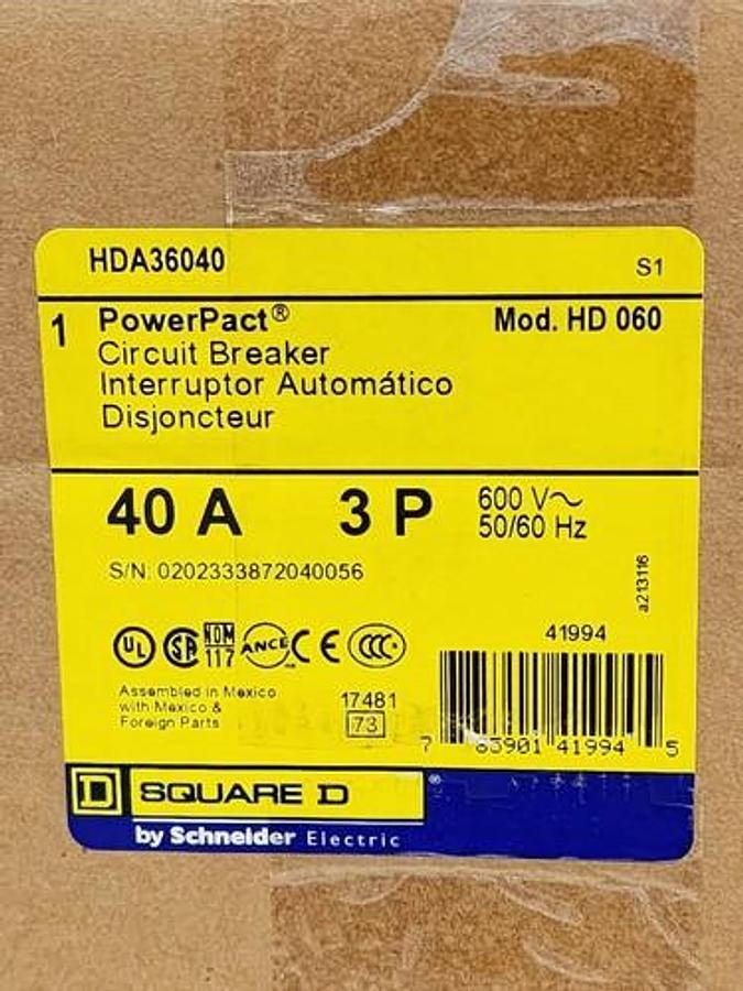 Used NIB SQUARE D HDA36040 PowerPact CIRCUIT BREAKER 40A 3P 600V 50/60Hz