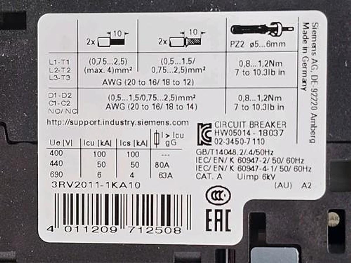 NIB SIEMENS 3RV2011-1KA10 CIRCUIT BREAKER 9-12.5 AMP 3RV20111KA10