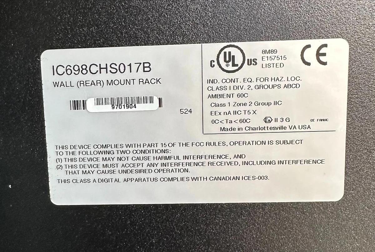 Used GE FANUC IC698CHS017B RX7i WALL (REAR) MOUNT RACK 17-SLOT IC698CHS017