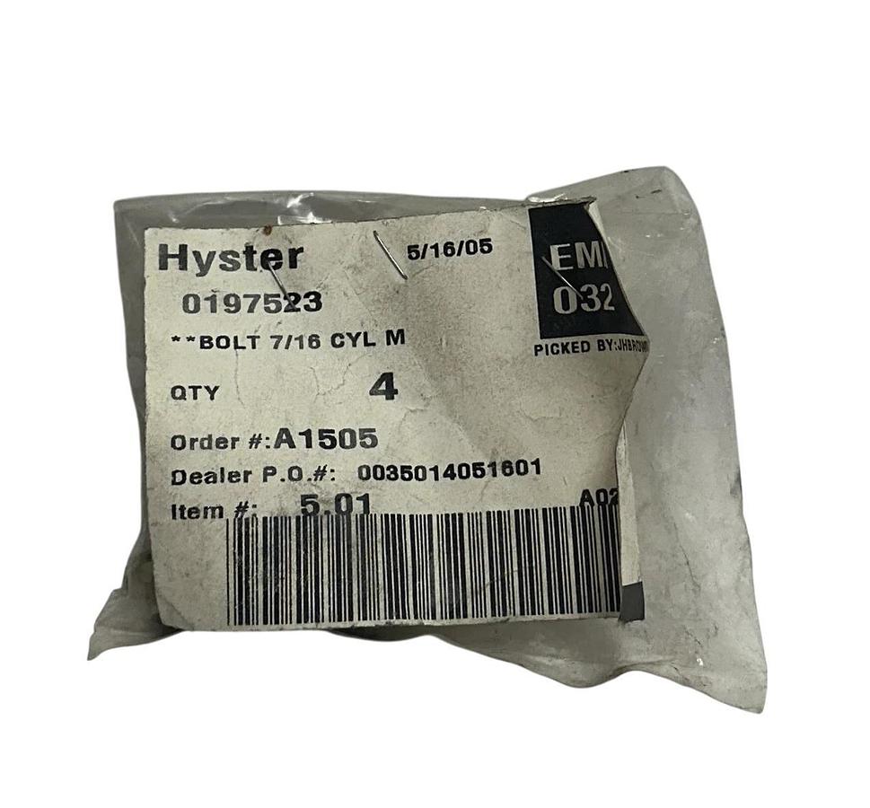 4 HYSTER 0197523 / HY0197523 OEM BOLTS 7/16'' CYL M FOR FORKLIFT NSNP