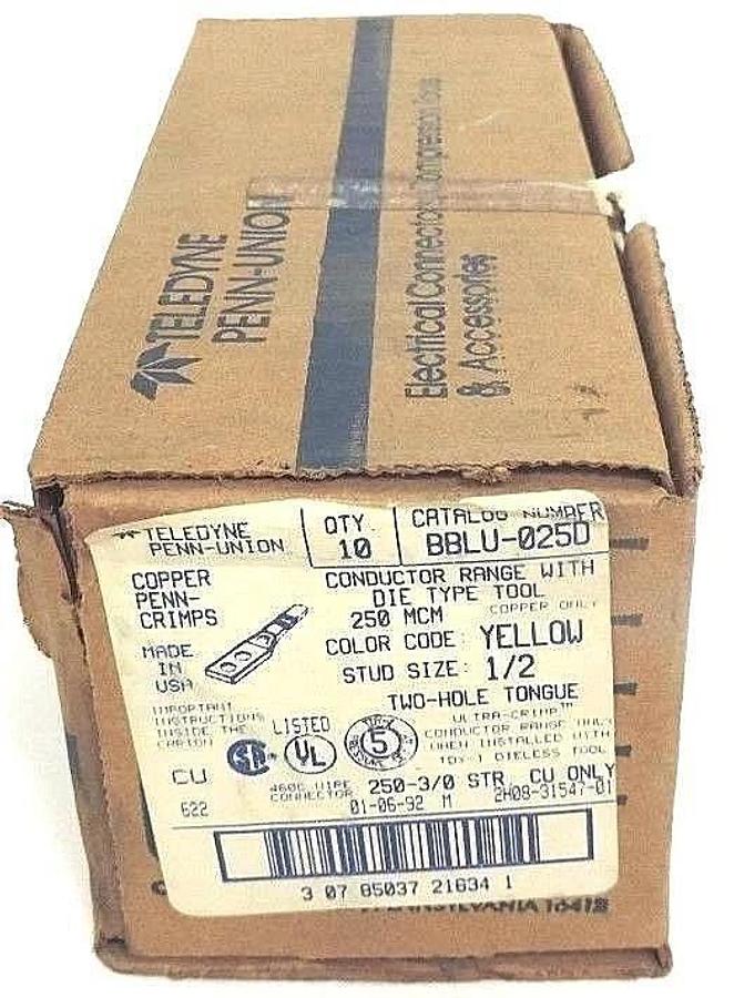 Used BOX OF 10 NEW TELEDYNE PENN-UNION BBLU-025D COPPER CRIMPS YELLOW 1/2"