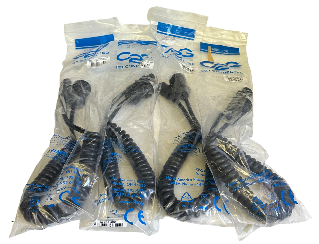 Used 4 NEW C2G 48064 4FT 18AWG HSPTL PC COILED 5-15P-C13 BK POWER CORDS NOS