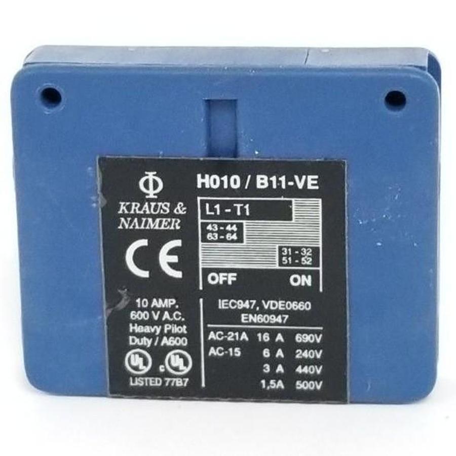 Used KRAUS & NAIMER H010/B11-VE AUXILIARY CONTACT 10A, 600VAC