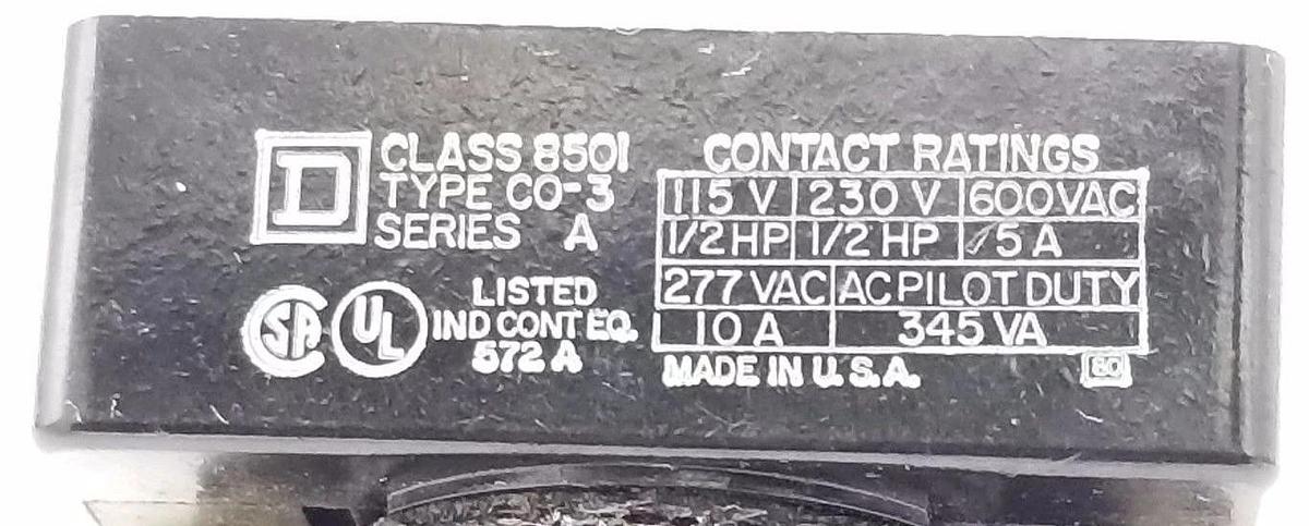 Used SQUARE D 8501-CO-3 RELAY 8501CO3, SER. A, 277VAC, 10AMP, 60HZ