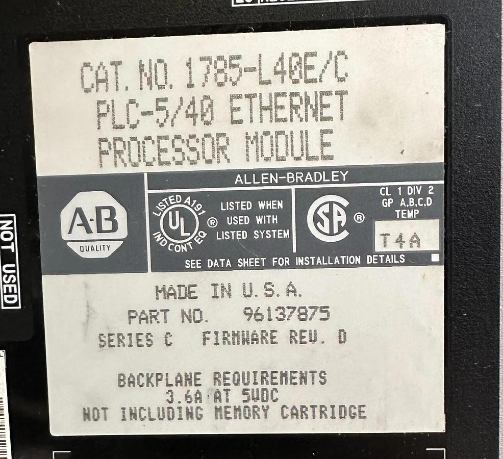 Used ALLEN BRADLEY 1785-L40E /C PLC-5/40 EtherNet PROCESSOR MODULE F/W. D 1785L40E