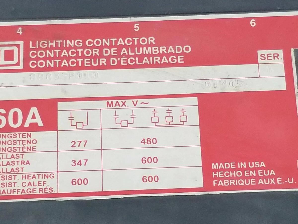 Used SQUARE D 8903SPO10 LIGHTING CONTACTOR, 60A, SERIES A