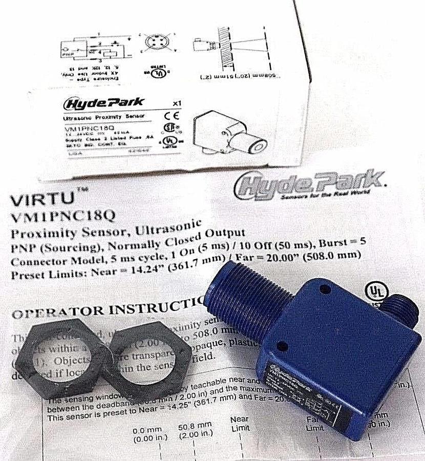 Used NIB HYDE PARK SCHNEIDER VM1PNC18Q ULTRASONIC PROXIMITY SENSOR VM1-PNC-18-Q